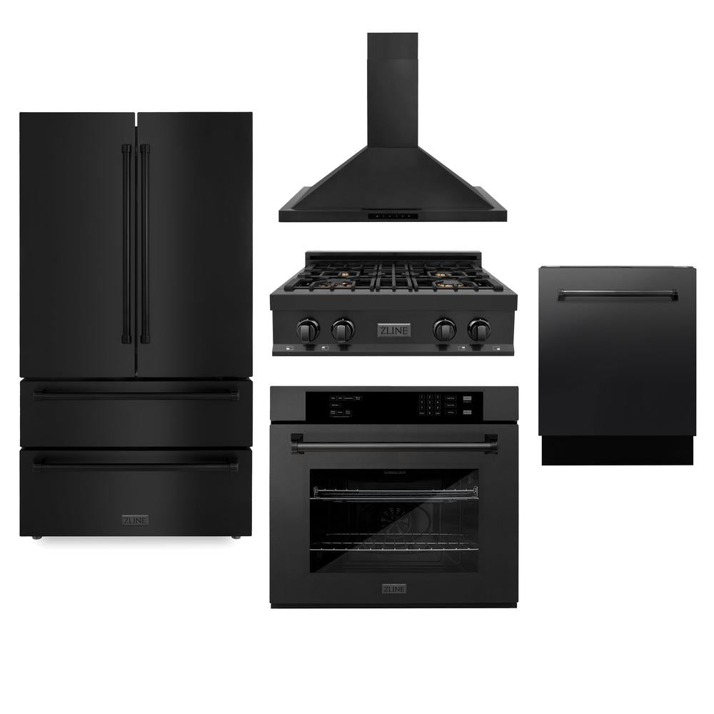 ZLINE Kitchen Package with Black Stainless Steel Refrigeration, 30 in. Rangetop, 30 in. Range Hood, 30 in. Single Wall Oven, and 24 in. Tall Tub Dishwasher (5KPR-RTBRH30-AWSDWV)