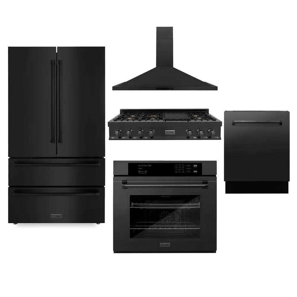 ZLINE Kitchen Package with Refrigerator, 48 in. Black Stainless Steel Gas Rangetop, 48 in. Convertible Vent Range Hood, 30 in. Single Wall Oven, and 24 in. Tall Tub Dishwasher (5KPR-RTBRH48-AWSDWV)