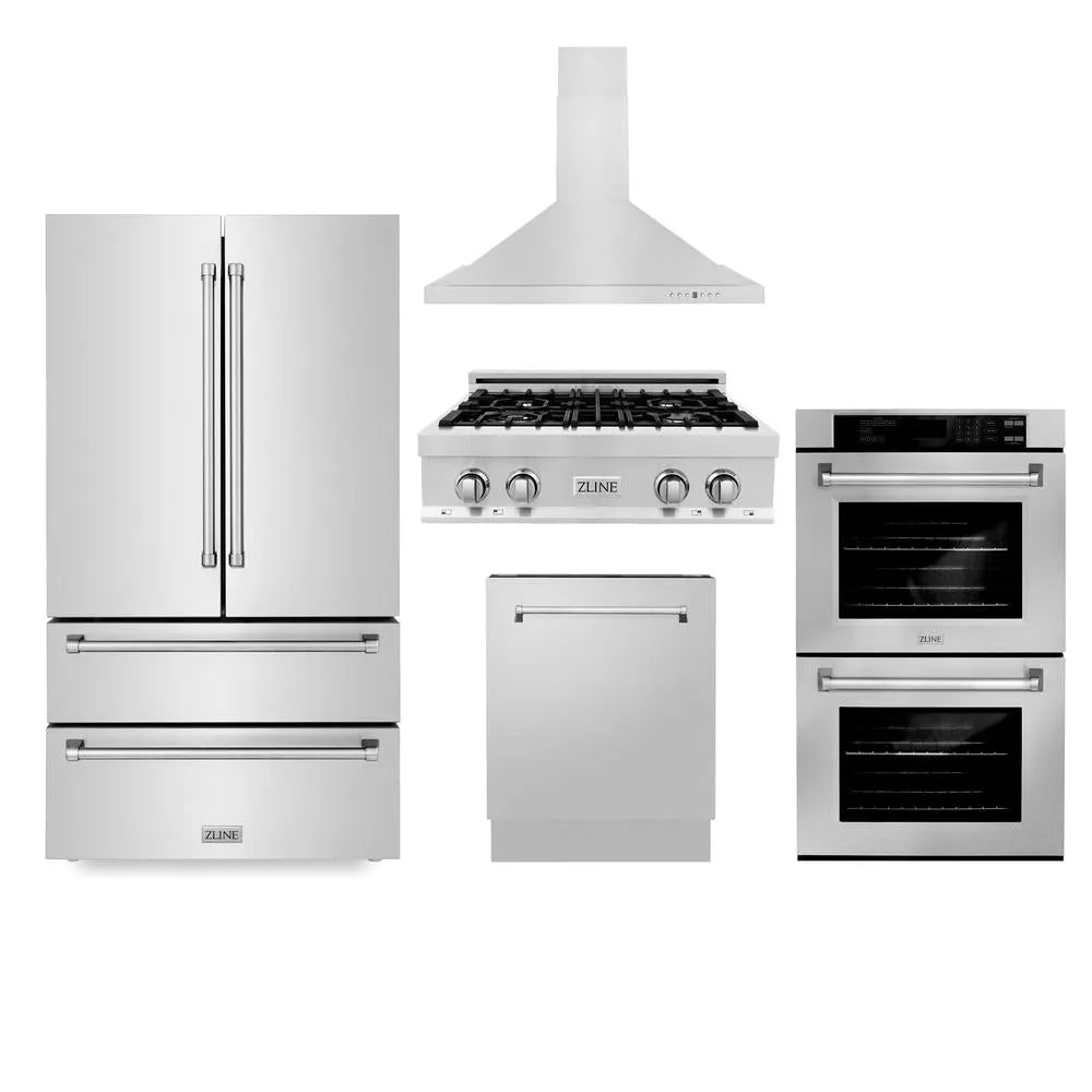 ZLINE Kitchen Package with Refrigerator, 30 in. Stainless Steel Gas Rangetop, 30 in. Convertible Vent Range Hood, 30 in. Double Wall Oven, and 24 in. Tall Tub Dishwasher (5KPR-RTRH30-AWDDWV) main image.