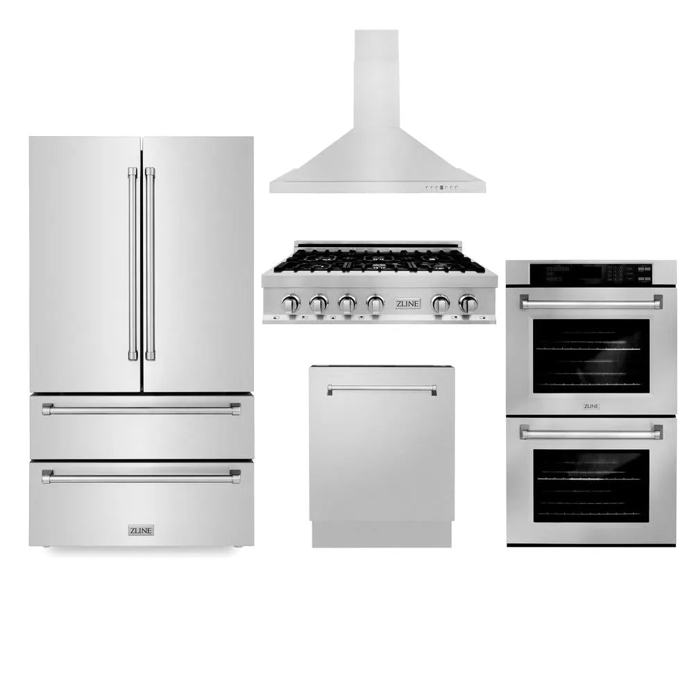 ZLINE Kitchen Package with Refrigerator, 36 in. Stainless Steel Gas Rangetop, 36 in. Convertible Vent Range Hood, 30 in. Double Wall Oven, and 24 in. Tall Tub Dishwasher (5KPR-RTRH36-AWDDWV) main image.