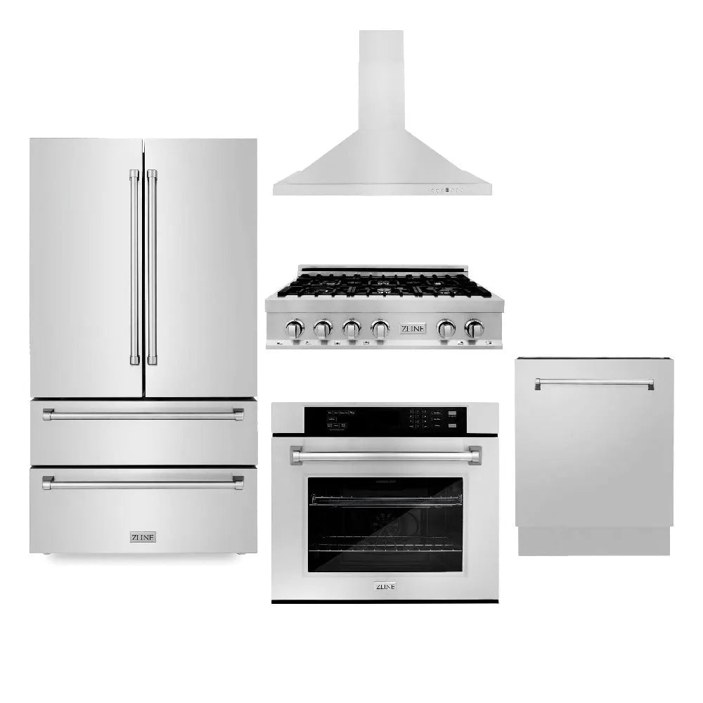 ZLINE Kitchen Package with Refrigerator, 30 in. Stainless Steel Rangetop, 30 in. Range Hood, 30 in. Single Wall Oven and 24 in. Tall Tub Dishwasher (5KPR-RTRH30-AWSDWV) main image.