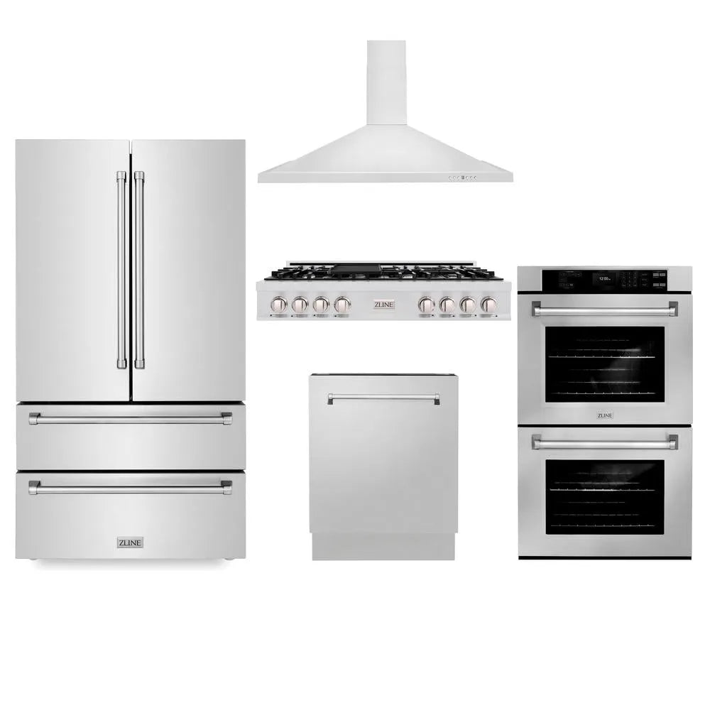 ZLINE Kitchen Package with Refrigerator, 48 in. Stainless Steel Rangetop, 48 in. Range Hood, 30 in. Double Wall Oven and 24 in. Tall Tub Dishwasher (5KPR-RTRH48-AWDDWV) main image.