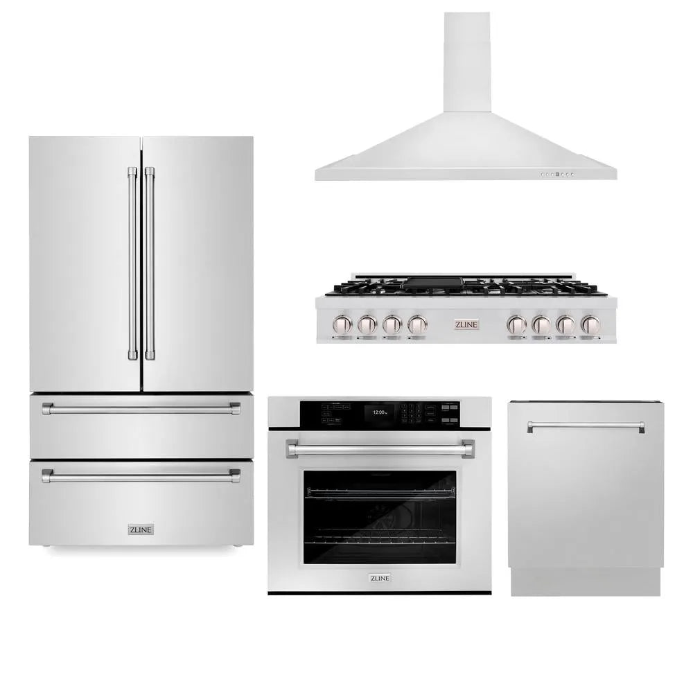 ZLINE Kitchen Package with Refrigerator, 48 in. Stainless Steel Rangetop, 48 in. Range Hood, 30 in. Single Wall Oven and 24 in. Tall Tub Dishwasher (5KPR-RTRH48-AWSDWV) main image.