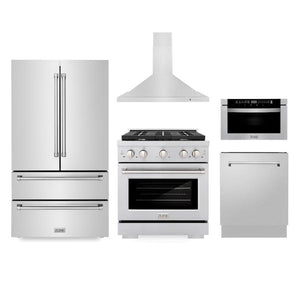 ZLINE Kitchen Package with Refrigerator, 30 in. Stainless Steel Gas Range, 30 in. Range Hood, Microwave Drawer, and 24 in. Tall Tub Dishwasher (5KPR-SGRRH30-MWDWV)