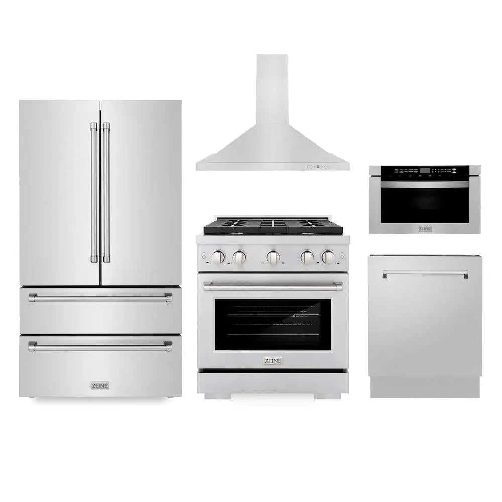 ZLINE Kitchen Package with Refrigerator, 30 in. Stainless Steel Gas Range, 30 in. Range Hood, Microwave Drawer, and 24 in. Tall Tub Dishwasher (5KPR-SGRRH30-MWDWV) main image.