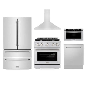 ZLINE Kitchen Package with Refrigerator, 30 in. Stainless Steel Gas Range, 30 in. Range Hood, Microwave Drawer, and 24 in. Tall Tub Dishwasher (5KPR-SGRRH30-MWDWV) main image.