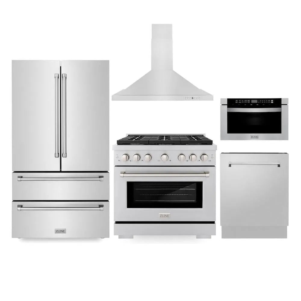 ZLINE Kitchen Package in Stainless Steel with 36 in. Gas Range, 36 in. Range Hood, 36 in. Refrigerator, 24 in. Microwave Drawer, and 24 in. Tall Tub Dishwasher (5KPR-SGRRH36-MWDWV) main image.
