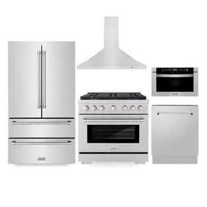 ZLINE Kitchen Package in Stainless Steel with 36 in. Gas Range, 36 in. Range Hood, 36 in. Refrigerator, 24 in. Microwave Drawer, and 24 in. Tall Tub Dishwasher (5KPR-SGRRH36-MWDWV) main image.