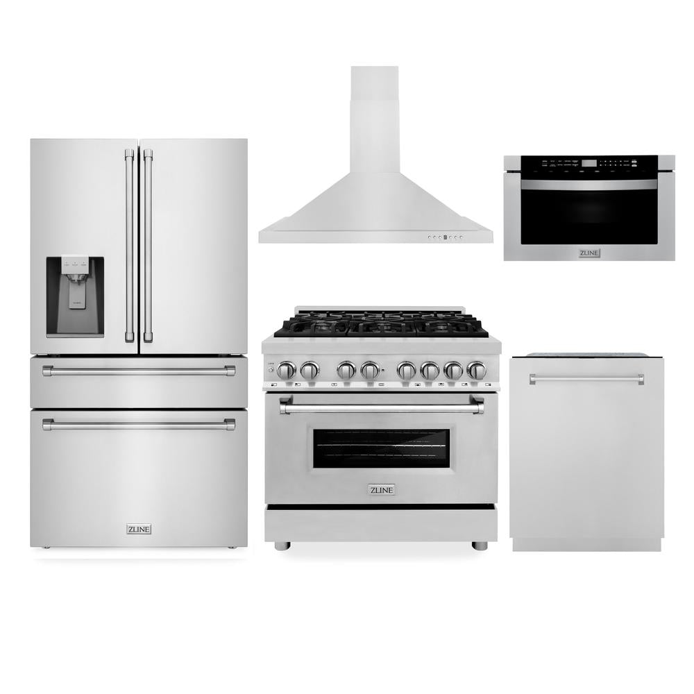 ZLINE Kitchen Package with Water and Ice Dispenser Refrigerator, 36 in. Dual Fuel Range, 36 in. Range Hood, Microwave Drawer, and 24 in. 3rd Rack Dishwasher (5KPRW-RARH36-MWDWM)