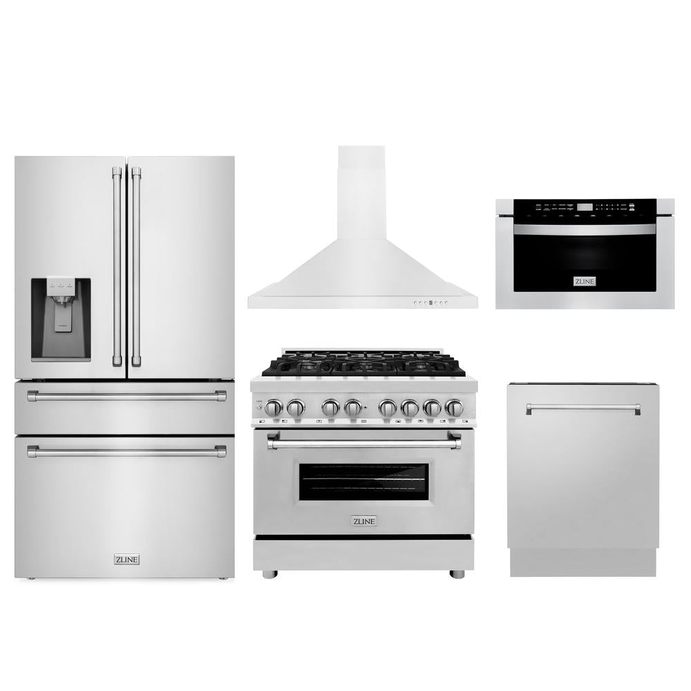 ZLINE Kitchen Package with Water and Ice Dispenser Refrigerator, 36 in. Dual Fuel Range, 36 in. Range Hood, Microwave Drawer, and 24 in. Tall Tub Dishwasher (5KPRW-RARH36-MWDWV)