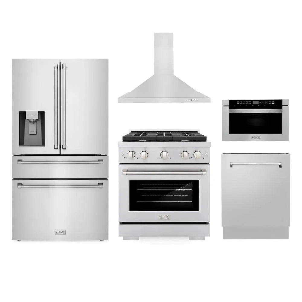 ZLINE Kitchen Package with Water and Ice Dispenser Refrigerator, 30 in. Gas Range, 30 in. Range Hood, Microwave Drawer, and 24 in. Tall Tub Dishwasher (5KPRW-SGRRH30-MWDWV) main image.