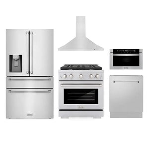 ZLINE Kitchen Package with Water and Ice Dispenser Refrigerator, 30 in. Gas Range, 30 in. Range Hood, Microwave Drawer, and 24 in. Tall Tub Dishwasher (5KPRW-SGRRH30-MWDWV) main image.