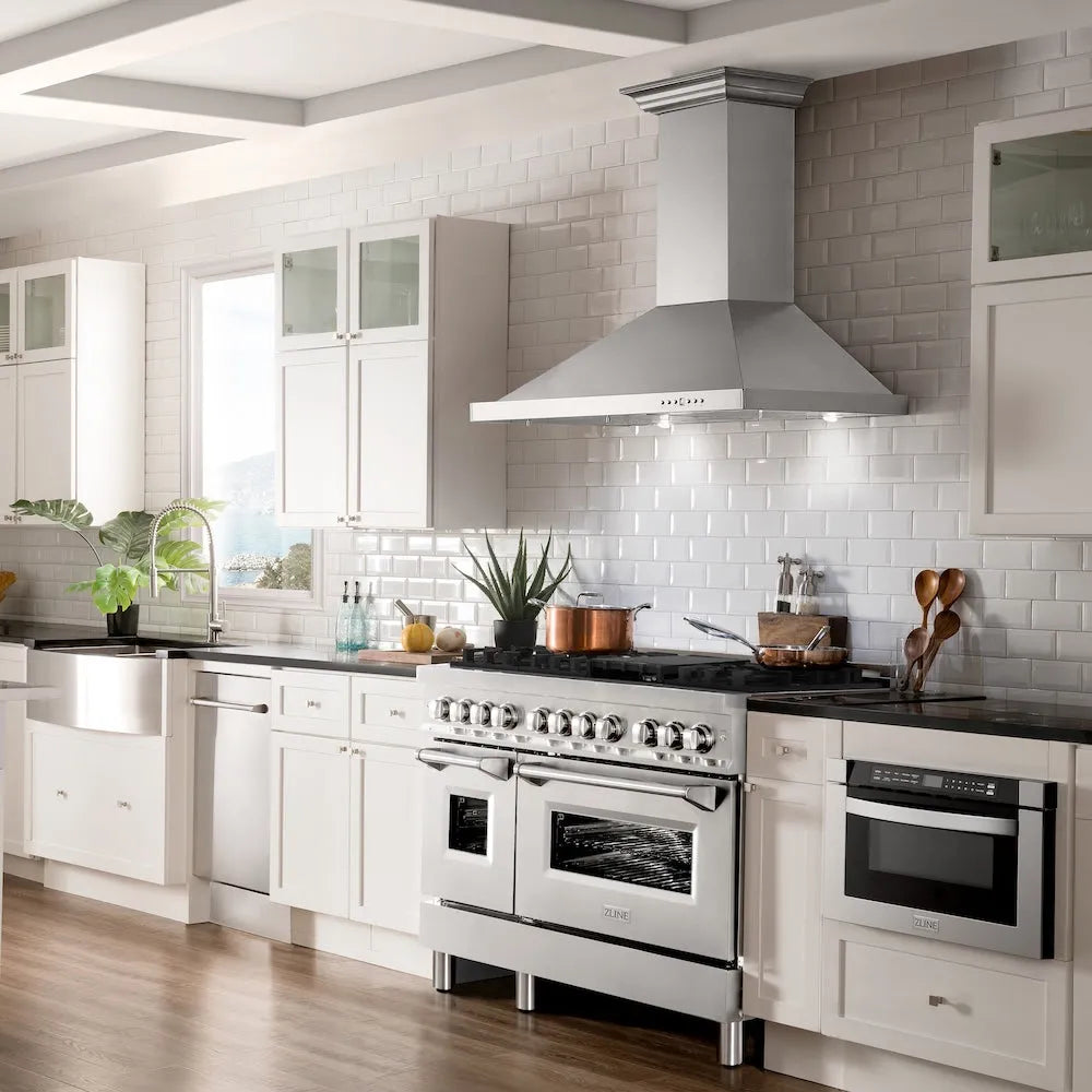 Farmhouse kitchen with ZLINE 48 in. 6.0 cu. ft. Legacy Dual Fuel Range with 7 Burner Gas Cooktop and 2 Electric Ovens in Stainless Steel (RA48) and white cabinets