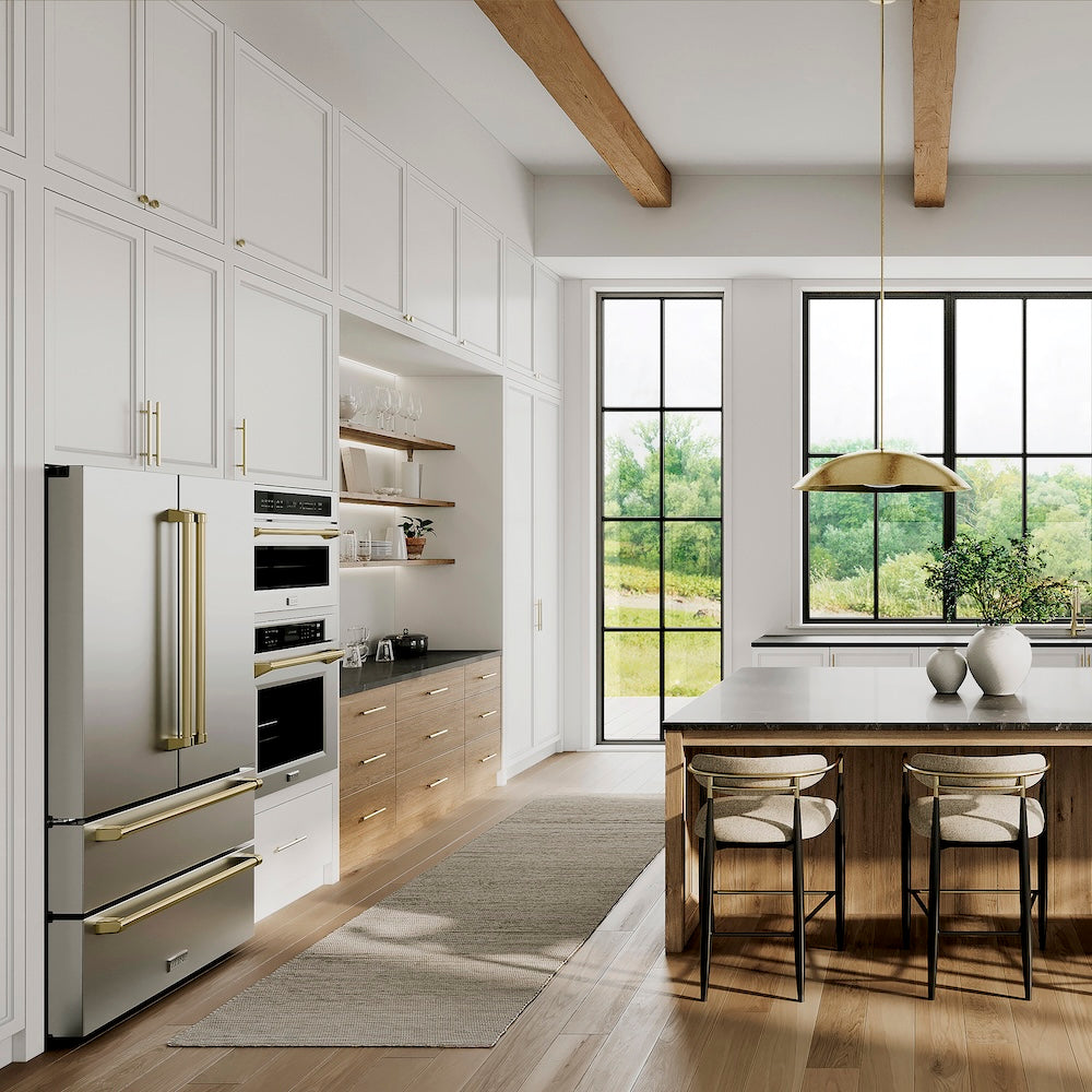 ZLINE Autograph Edition 36 in. 22.5 cu. ft. Counter-Depth French Door Refrigerator with Ice Maker in Fingerprint-Resistant Stainless Steel with Champagne Bronze Traditional Handles (RFMZ-36-CB) on Fridge.com