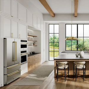 Modern kitchen with white cabinets, ZLINE Autograph Edition 36 in. 22.5 cu. ft. Counter-Depth French Door Refrigerator with Ice Maker in Fingerprint-Resistant Stainless Steel with Champagne Bronze Traditional Handles (RFMZ-36-CB), and a large window.