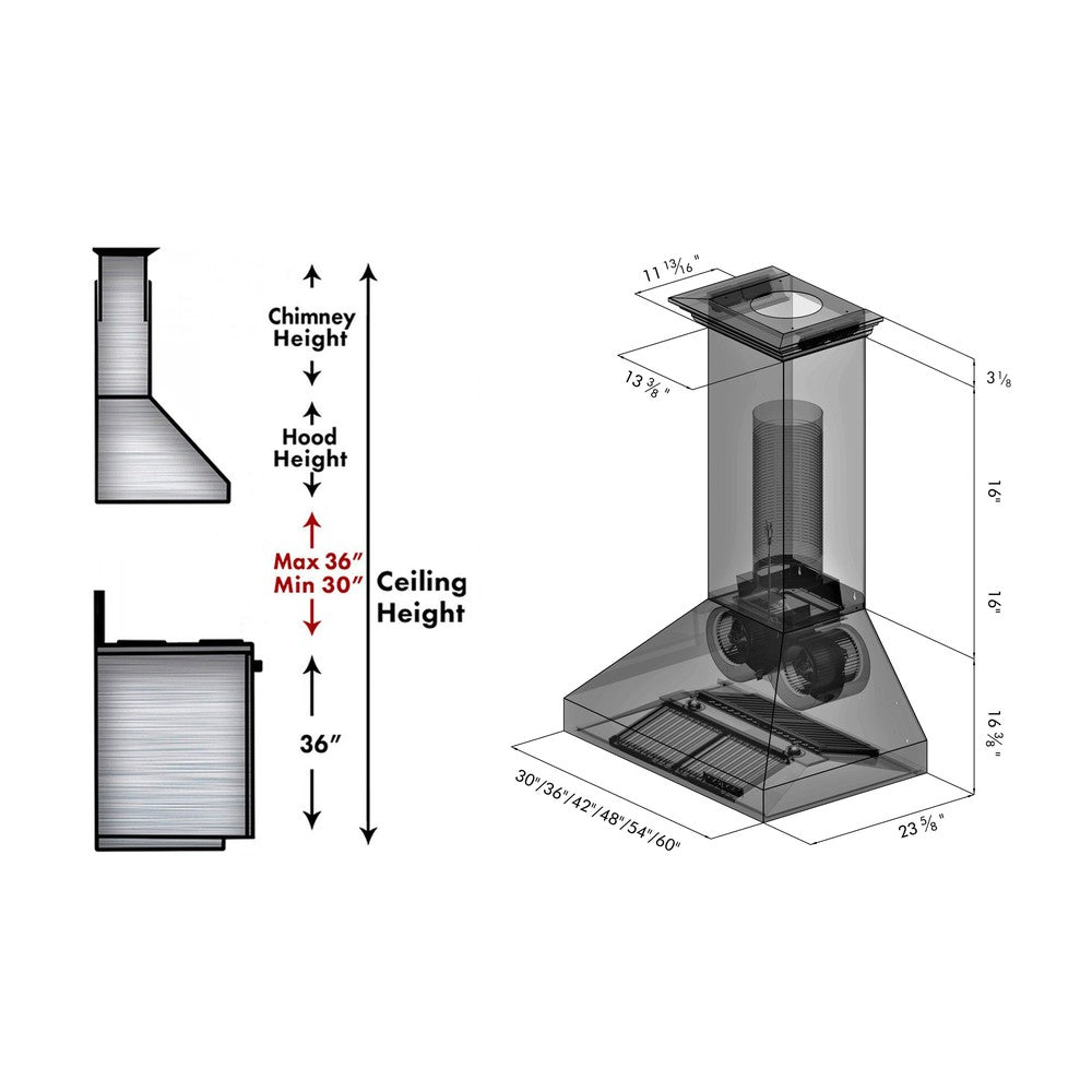 ZLINE 30 in. Professional Convertible Vent Wall Mount Range Hood in Stainless Steel with Crown Molding (667CRN-30) dimensional diagram.