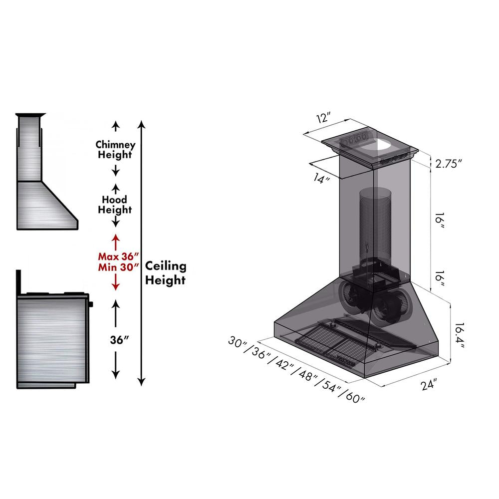 ZLINE 48 in. CrownSound™ Ducted Vent Wall Mount Range Hood in Stainless Steel with Built-in Bluetooth Speakers (667CRN-BT-48) dimensional diagram.