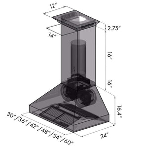 ZLINE 36 in. CrownSound™ Ducted Vent Wall Mount Range Hood in Stainless Steel with Built-in Bluetooth Speakers (667CRN-BT-36) dimensional diagram.
