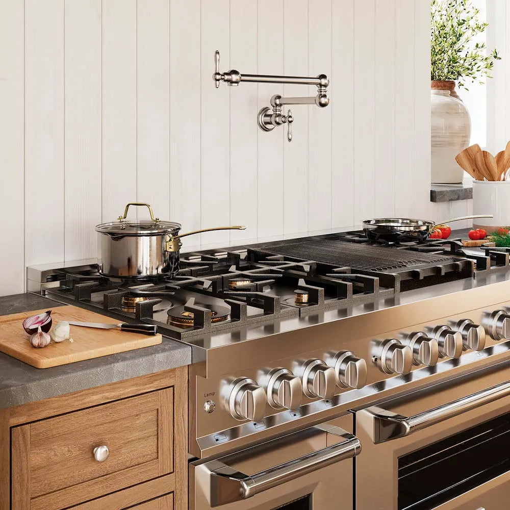 ZLINE 48 in. 6.0 cu. ft. Legacy Dual Fuel Range with Gas Cooktop and 2 Electric Ovens in Stainless Steel with Brass Burners (RA-BR-48) in a luxury kitchen, side.