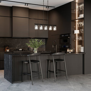 ZLINE Incline Pull Down Single Handle Kitchen Faucet in Matte Black (INC-KF-MB) in a modern kitchen with dark accents, wide.