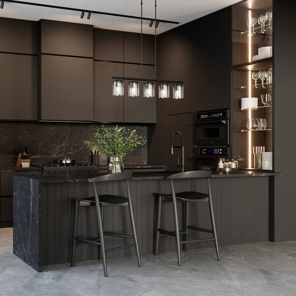 ZLINE Incline Pull Down Single Handle Kitchen Faucet in Matte Black (INC-KF-MB) in a modern kitchen with dark accents, wide.