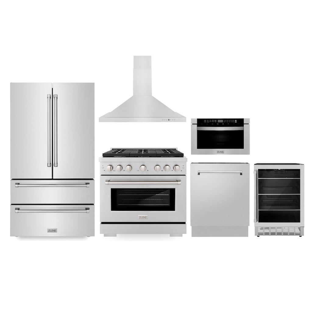 ZLINE Kitchen Package with Refrigeration, 36 in. Stainless Steel Gas Range, 36 in. Range Hood, Microwave Drawer, 24 in. Tall Tub Dishwasher and Beverage Fridge (6KPR-SGRRH36-MWDWV-RBV) 