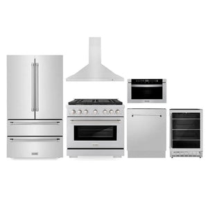 ZLINE Kitchen Package with Refrigerator, 36 in. Stainless Steel Gas Range, 36 in. Range Hood, Microwave Drawer, 24 in. Tall Tub Dishwasher and Beverage Fridge (6KPR-SGRRH36-MWDWV-RBV) main image.