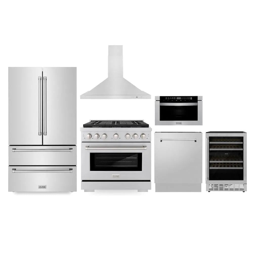 ZLINE Kitchen Package with 36 in. French Door Refrigerator, 36 in. Stainless Steel Gas Range, 36 in. Range Hood, Microwave Drawer, 24 in. Tall Tub Dishwasher and Wine Cooler (6KPR-SGRRH36-MWDWV-RWV) main image.