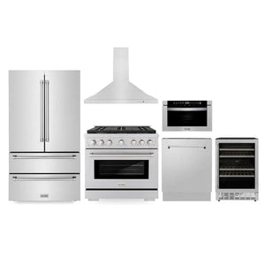 ZLINE Kitchen Package with 36 in. French Door Refrigerator, 36 in. Stainless Steel Gas Range, 36 in. Range Hood, Microwave Drawer, 24 in. Tall Tub Dishwasher and Wine Cooler (6KPR-SGRRH36-MWDWV-RWV) main image.