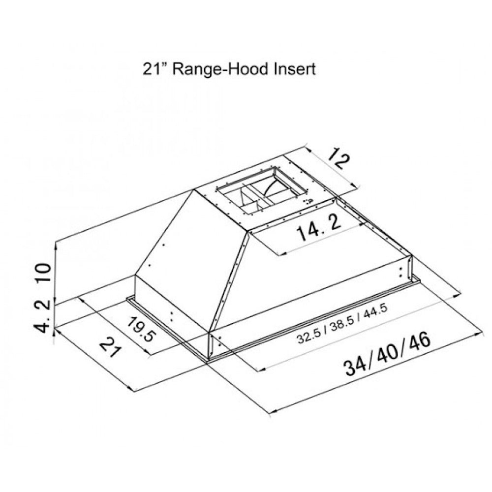 ZLINE 40 in. Ducted Wall Mount Range Hood Insert in Outdoor Approved Stainless Steel (721-304-40) dimensional diagram.