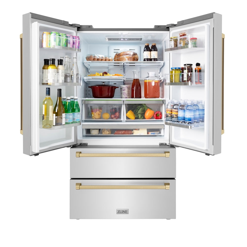 ZLINE Autograph Edition 36 in. 22.5 cu. ft. Counter-Depth French Door Refrigerator with Ice Maker in Fingerprint-Resistant Stainless Steel with Champagne Bronze Traditional Handles (RFMZ-36-CB) front, refrigeration compartment open.