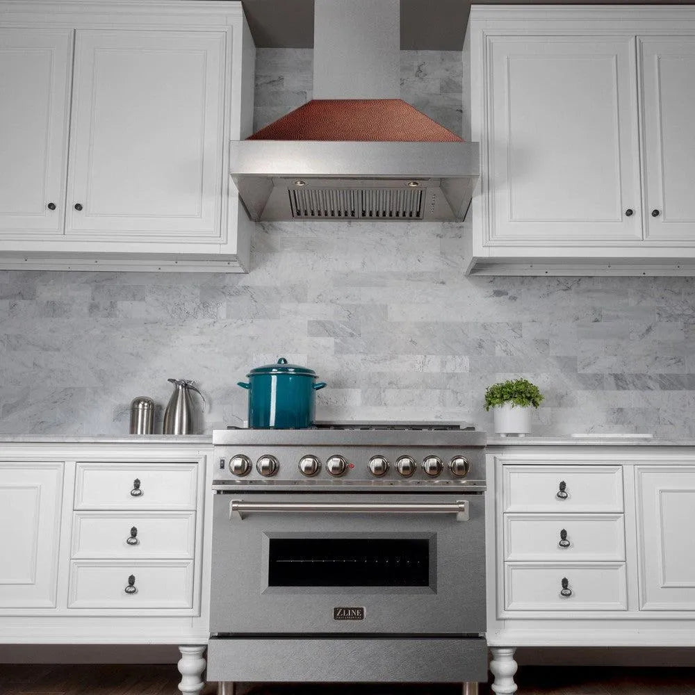 ZLINE 36 in. Ducted Satin Stainless Steel Wall Mount Range Hood with Hand-Hammered Copper Shell (8654HH-36)