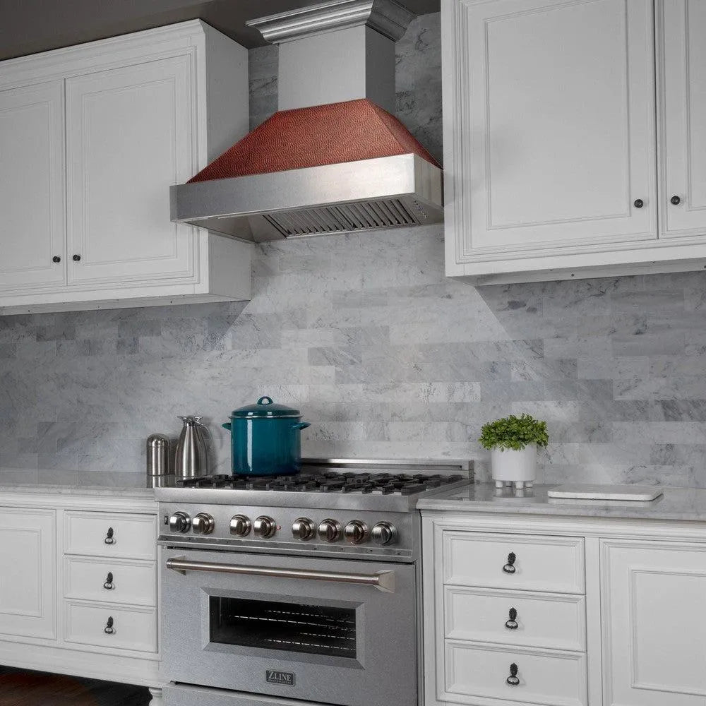 ZLINE 30 in. Ducted Satin Stainless Steel Wall Mount Range Hood with Hand-Hammered Copper Shell (8654HH-30)