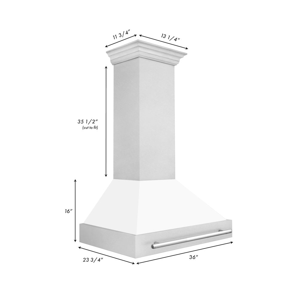 ZLINE 36 in. Satin Stainless Steel Wall Mount Range Hood with White Matte Shell and Stainless Steel Handle (8654SNX-WM-36) dimensional diagram.
