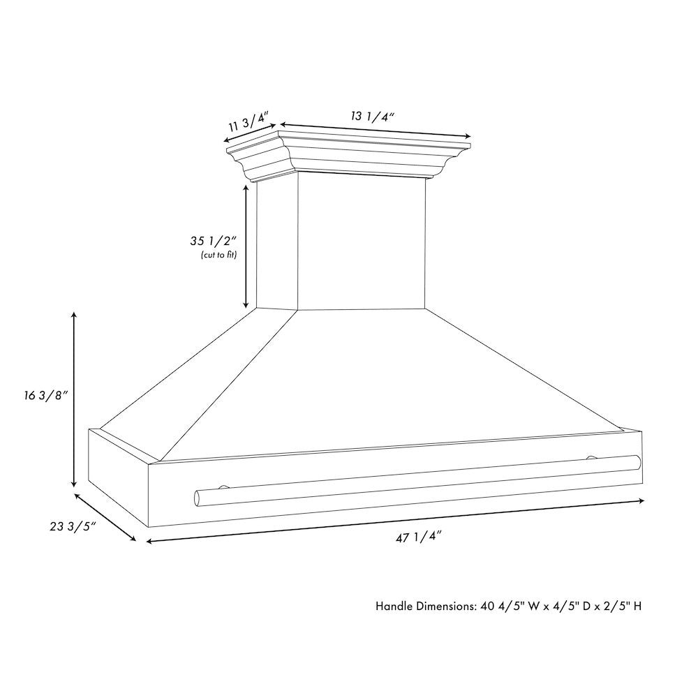ZLINE Autograph Edition 48 in. Satin Stainless Steel Wall Mount Range Hood with White Matte Shell and Polished Gold Handle (8654SNZ-WM48-G) dimensional diagram.