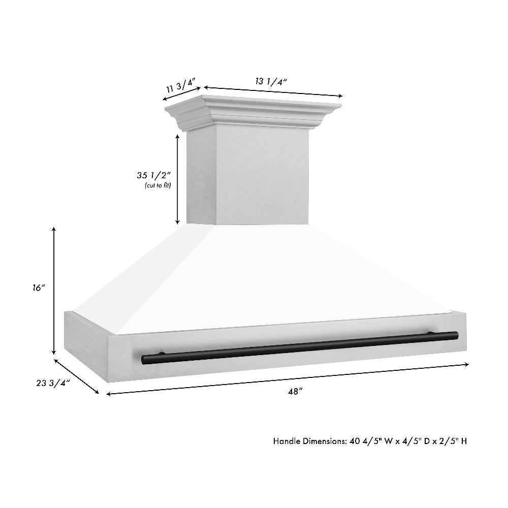 ZLINE Autograph Edition 48 in. Satin Stainless Steel Wall Mount Range Hood with White Matte Shell and Matte Black Handle (8654SNZ-WM48-MB) dimensional diagram.