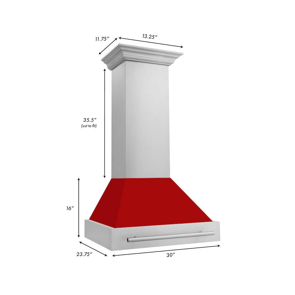 ZLINE 30 in. Stainless Steel Range Hood with Red Matte Shell and Stainless Steel Handle (8654STX-RM-30) dimensional diagram.