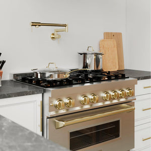 ZLINE Gemini Pot Filler in Polished Gold (GEM-FPF-PG) above a range, off.