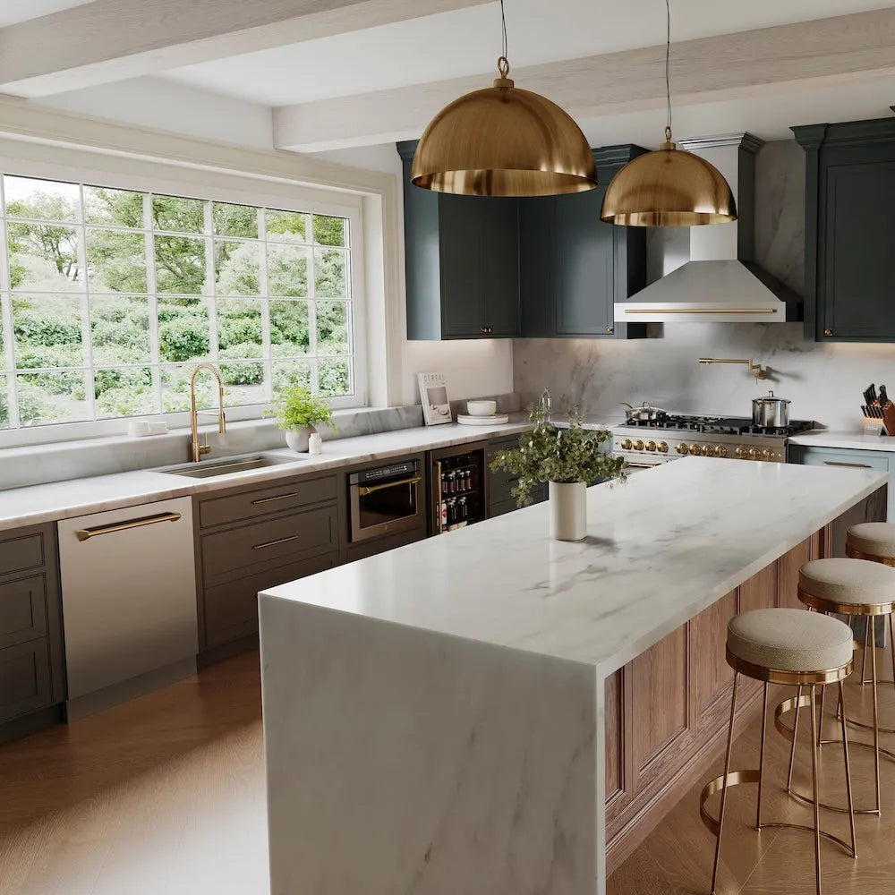 Luxury kitchen with marble island, ZLINE Autograph Edition 24 in. 1.2 cu. ft. Built-in Microwave Drawer with a Traditional Handle in Stainless Steel and Polished Gold Accents (MWDZ-1-H-G), and bronze pendant lights.