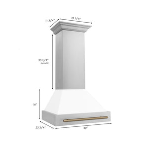 ZLINE Autograph Edition 30 in. Stainless Steel Range Hood with White Matte Shell and Champagne Bronze Handle dimensional diagram.