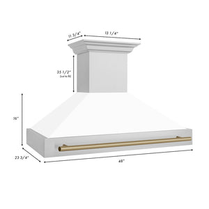 ZLINE Autograph Edition 48 in. Stainless Steel Range Hood with White Matte Shell and Champagne Bronze Handle (8654STZ-WM48-CB) dimensional diagram.