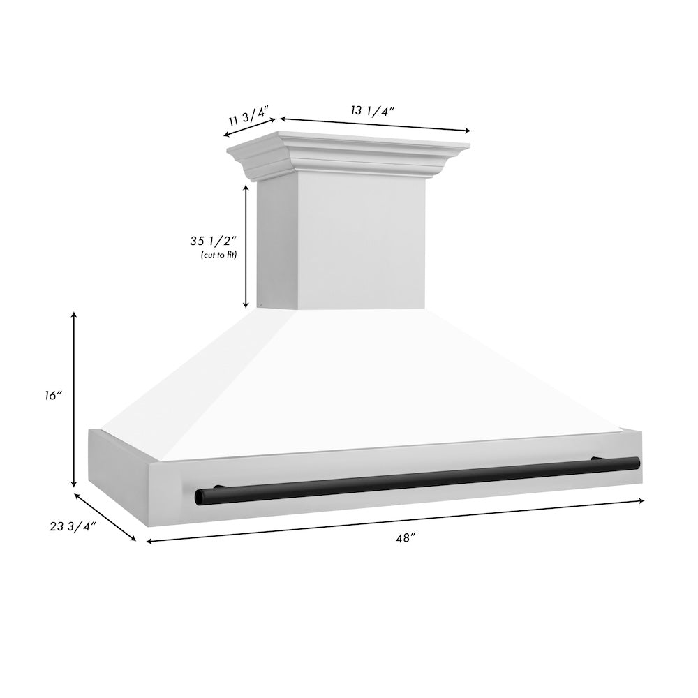 ZLINE Autograph Edition 48 in. Stainless Steel Range Hood with White Matte Shell and Matte Black Handle (8654STZ-WM48-MB) dimensional diagram.