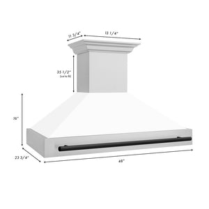 ZLINE Autograph Edition 48 in. Stainless Steel Range Hood with White Matte Shell and Matte Black Handle (8654STZ-WM48-MB) dimensional diagram.
