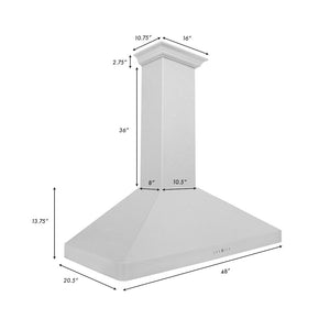 ZLINE 48 in. Ducted Wall Mount Range Hood in Satin Stainless Steel (8KF2S-48) dimensional diagram.