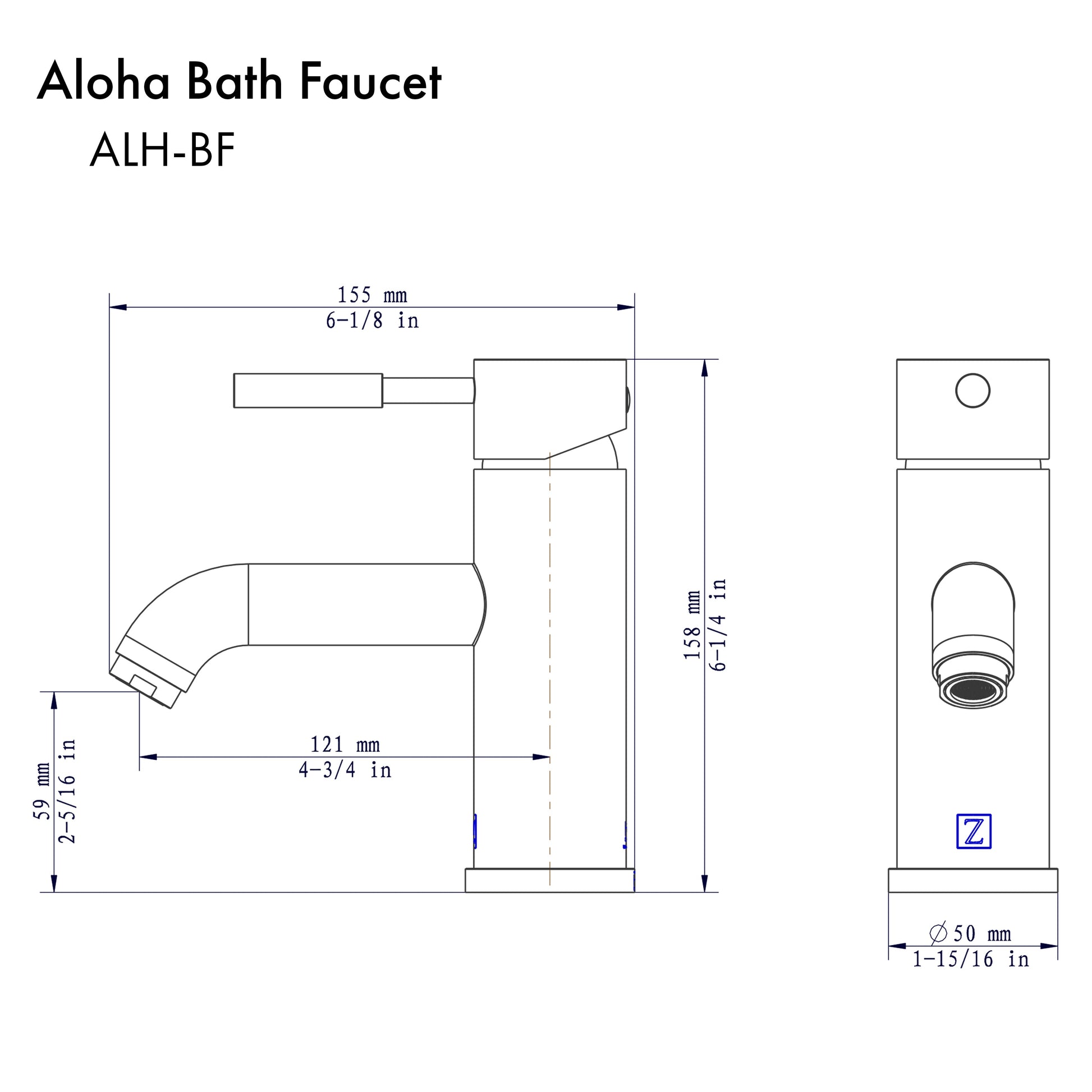 ZLINE Aloha Single Handle Bath Faucet in Matte Black (ALH-BF-MB) dimensional diagram.