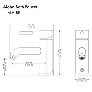 ZLINE Aloha Single Handle Bath Faucet in Matte Black (ALH-BF-MB) dimensional diagram.