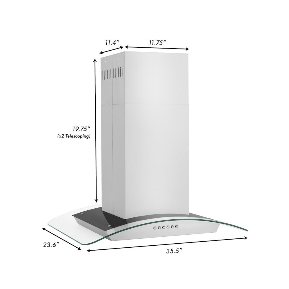 ZLINE 36 in. Alpine Series Convertible Island Mount Range Hood in Stainless Steel and Glass (ALP70IS-36) dimensional diagram.