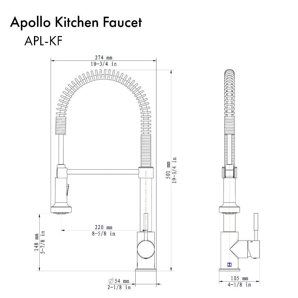 ZLINE Apollo Pull Down Spring Kitchen Faucet in Matte Black (APL-KF-MB) dimensional diagram.