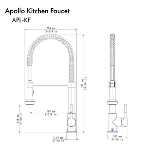 ZLINE Apollo Pull Down Spring Single Handle Kitchen Faucet in Gun Metal (APL-KF-GM) dimensional diagram.