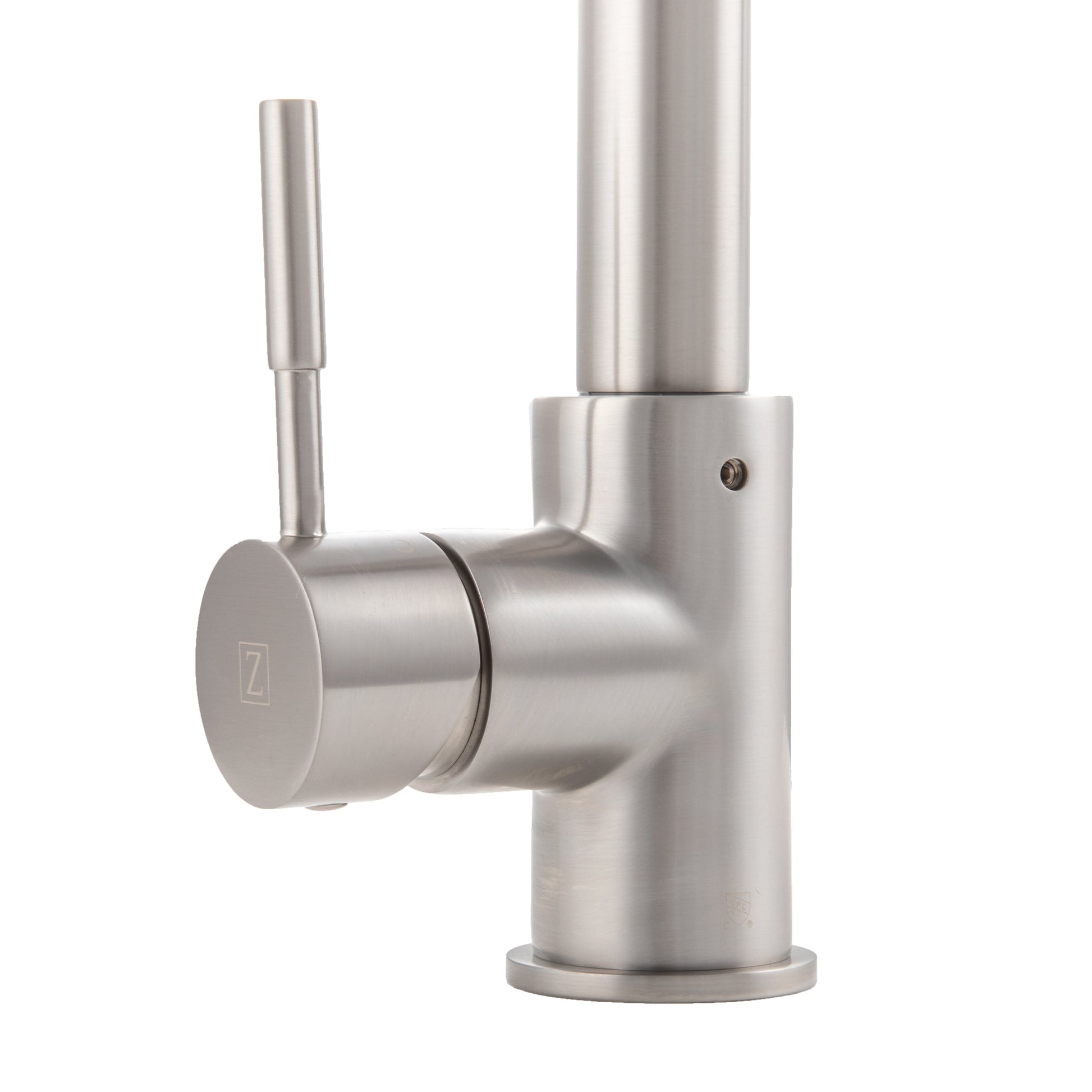 ZLINE Apollo Pull Down Spring Kitchen Faucet in Brushed Nickel (APL-KF-BN) handle and mount.